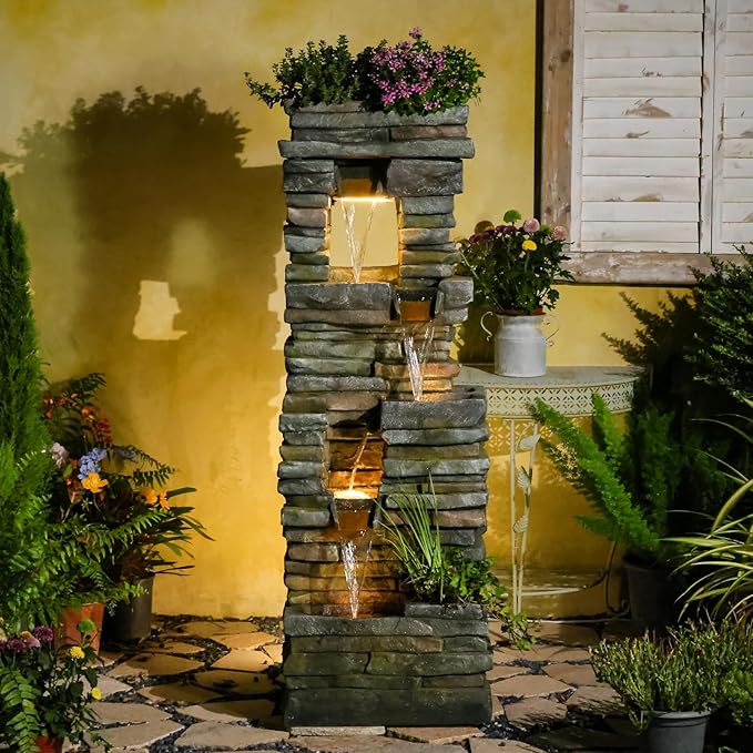 60 inches Large Outdoor Water Fountain Waterfall — Garden Rock Fountains 4-Tiered Waterfalls Outdoor with Lights Natural Stone Look Hollow Fountain for Patio Pool Porch Backyard, Stone Gray