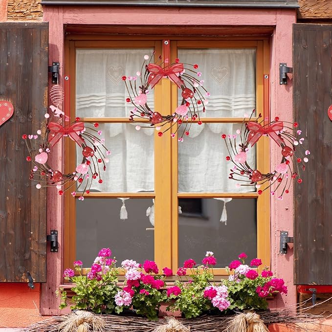 6 PCS Mini Valentine Wreaths for Cabinet Front Door Valentine Wreath Red Pink Glitter Heart and Berry Hanging Valentines Day Wreaths for Window Wedding Birthday Home Wall Porch Decoration