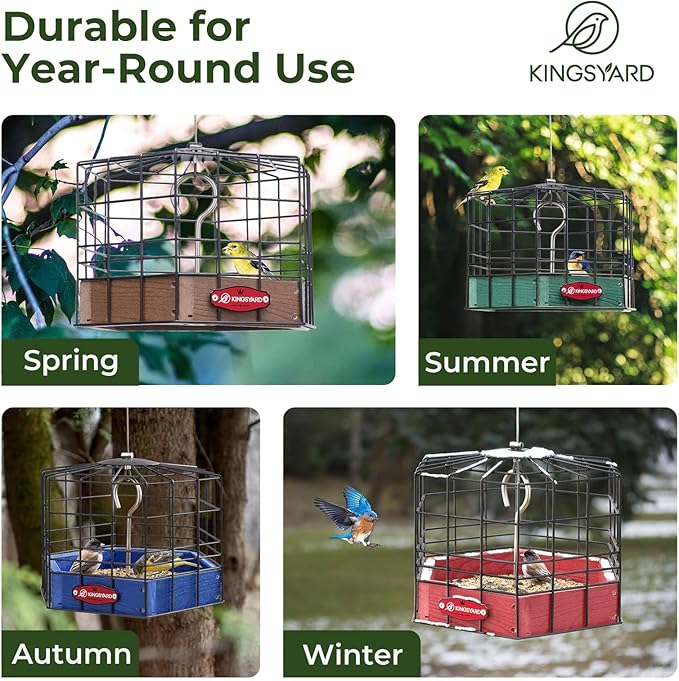 Kingsyard Squirrel Proof Platform Bird Feeders for Outdoor Hanging, 10" Wide Metal Caged Bird Feeder for Small Wildbirds Finches, Recycled Plastic Feeding Platform with Metal Seed Tray, Green