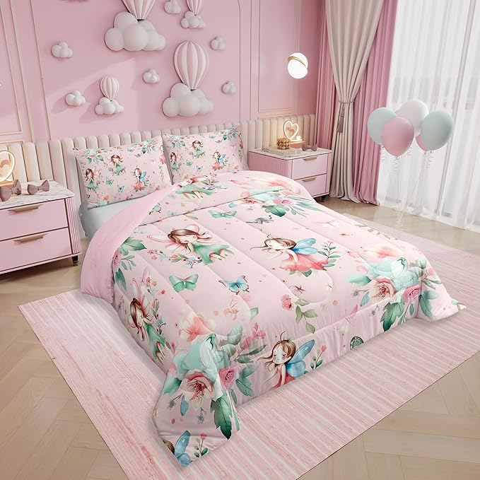 Erosebridal Fairy Garden Queen Bedding Set - Butterfly & Floral Comforter Set for Girls Kids, Pink Green Flowers Fairies Quilt | Aesthetic Flower Cute Bedroom Decor with 2 Pillowcases