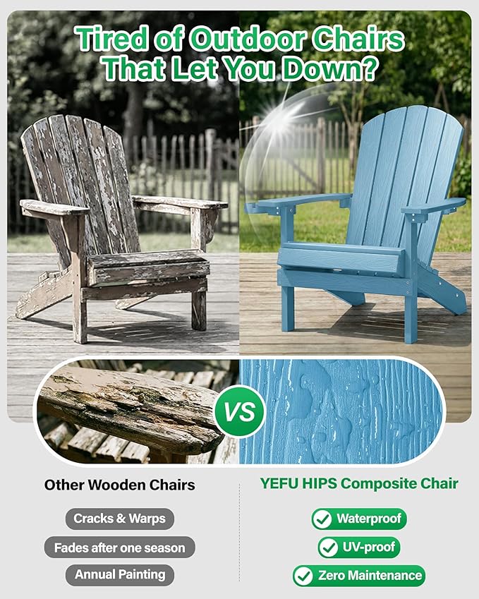 YEFU Adirondack Chairs Set of 2 Plastic Weather Resistant, Outdoor Chairs with Cup Holder, Like Real Wood, Widely Used in Outdoor, Patio, Fire Pit, Deck, Outside, Campfire Chairs (Blue)