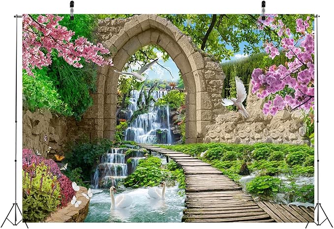 BELECO 12x10ft Fabric Romantic Garden Backdrop Mountain Waterfall Blooming Cherry Blossoms Dove Swan Lake River Bridge Wonderland Background Home Wall Decor Birthday Wedding Photoshoot Studio Props