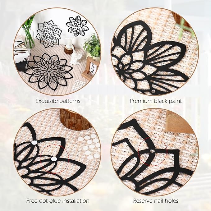 Zzbakress 3 Pieces Metal Flowers Wall Decor, Black Wall Decors, Flower Art Wall Decor Farmhouse Wall Decoration Multiple Flowers Hanging Decor for Bathroom Living Room Garden Office (Black Elegant)