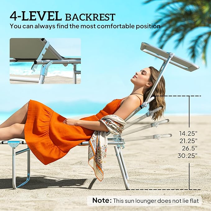 Outsunny Outdoor Lounge Chair, Adjustable Folding Chaise Lounge, Tanning Chair with Sun Shade for Beach, Camping, Hiking, Backyard, Cream White