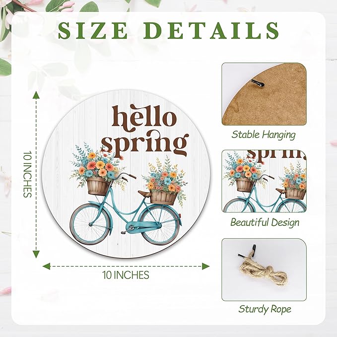 Spring Hanging Decor For Front Door, Bicycle Planter Welcome Spring Round Sign Decor For Farmhouse Home Yard Porch, Hello Spring Decorations, Spring Wall Plaque Gifts For Friends Family -04
