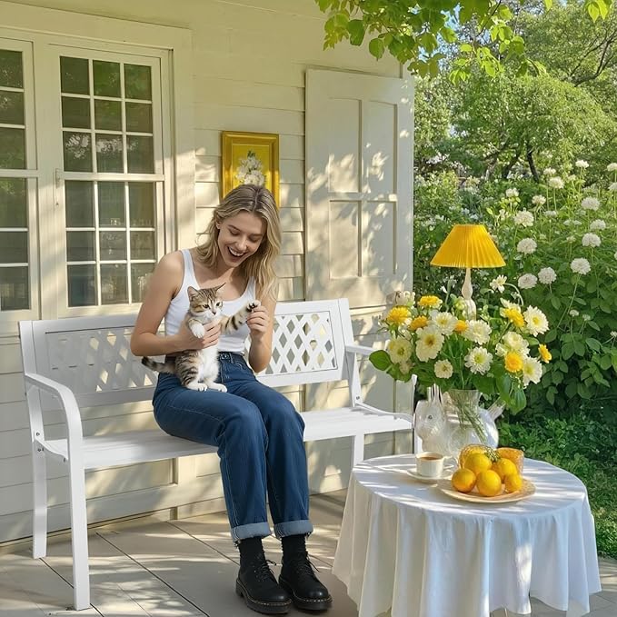 Outvita Outdoor Bench, 47" Iron Steel Frame Garden Bench with Mesh Pattern and Plastic Backrest Armrests, Patio Bench for Garden Park Yard Front Porch Patio, White