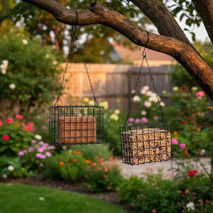 2-Pack Metal Suet Feeder Cage - Easy Fill Wire Mesh for Suet Blocks, Fruit & Birdseeds - Year-Round Outdoor Hanging Bird Feeder