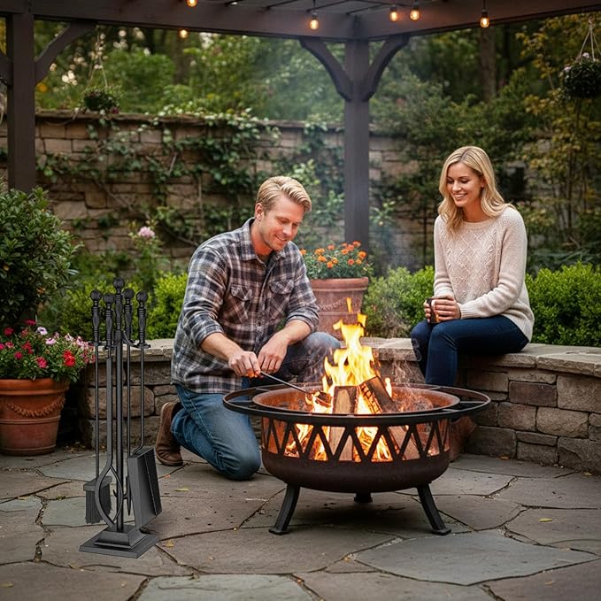 Tangkula 5-Pieces Fireplace Tool Set, 4-in-1 Indoor Outdoor Fire Place Set Tools with Poker, Tongs, Brush, Shovel and Square Stand, Metal Firepit Tool Set with Aluminum Handles, Black