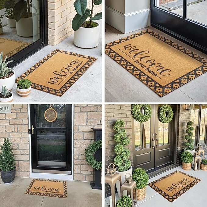 Welcome Mat Front Door Mat Indoor Outside Entrance, Heavy Duty Dirt Trapper Coir Doormat with Non Slip Backing Entryway Rug for Front Back Door, 24x36, Brown