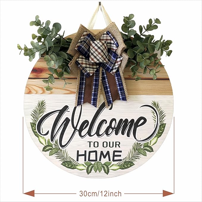 Welcome Sign Front Door Decoration 12 Inch Round Wood Wreath Wall Hanging Outdoor, Farmhouse, Porch, Suitable for Spring Summer Fall Seasons Holidays Christmas (blue)