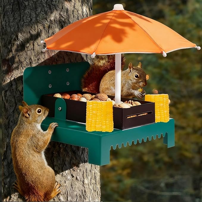 Metal Squirrel Feeder Picnic Table with Umbrella - Heavy Duty Iron Outdoor Chipmunk Feeder, Rust Resistant Corn Cob Holder, Funny Backyard Wildlife Gift for Nature Lovers.(Orange)