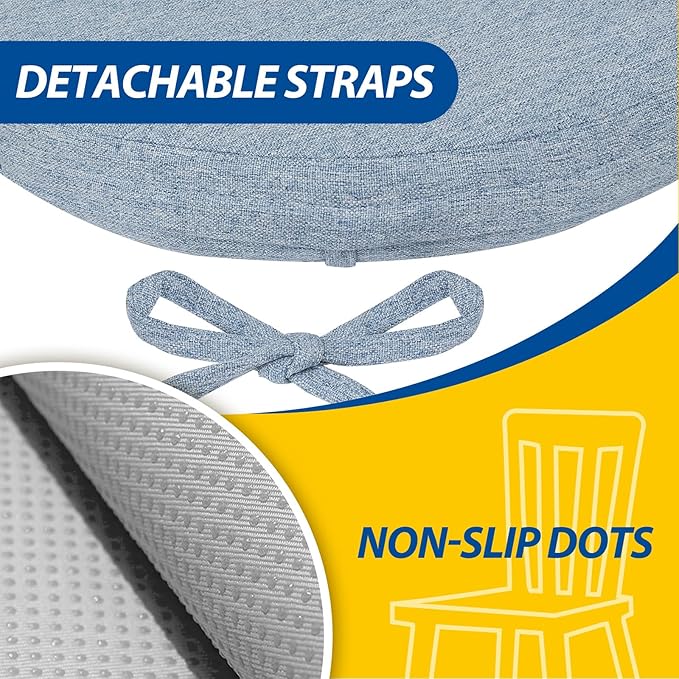 AAAAAcessories D-Shaped Chair Cushions, 2" Thick Dining Chair Pads with Ties and Removable, Machine-Washable Cover, 17" x 16", Set of 6, Light Blue