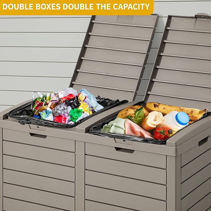 DWVO Outdoor Large Resin Trash Can, 76 Gallon Classified Hideaway Garbage Bins with Dual Lid and Drip Trays for Porch, Backyard, Deck, Patio, Poolside, Easy to Clean, 248 Quart, Taupe