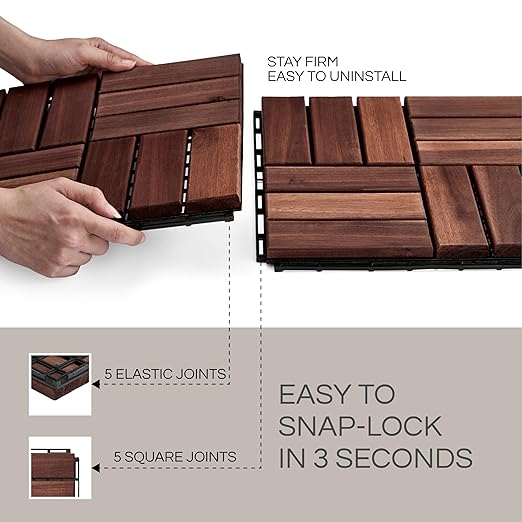 Deck Tiles, Patio Flooring - Outdoor Waterproof Acacia Wood Tiles for All Weather Use - Balcony, Backyard, Indoor & Outdoor (Dark Brown Crossed Pattern, 30 Pcs - 30 Square Ft)
