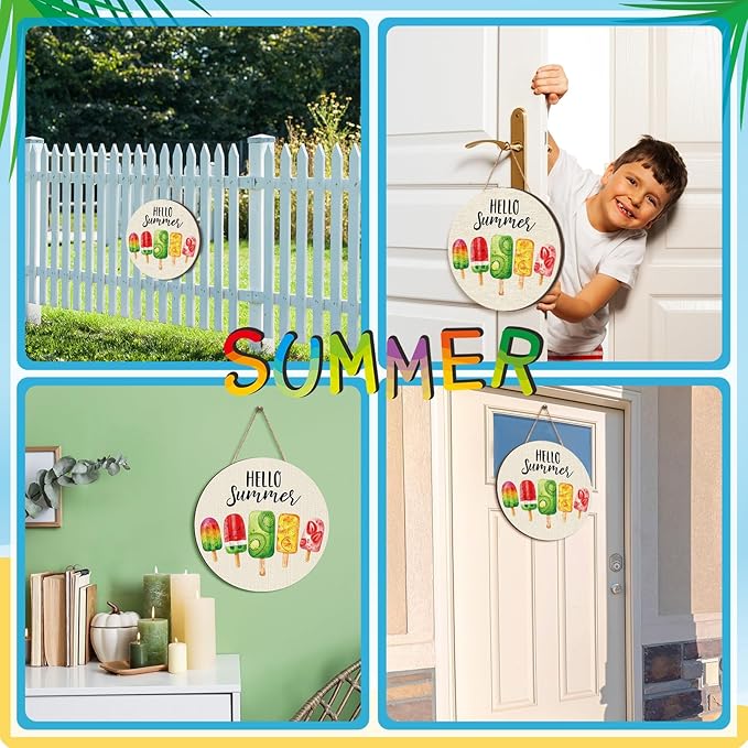 Chunful Hello Summer Door Decor Ice Cream Wreath Front Door Hanger Ice Lolly Farmhouse Summer Wooden Hanging Welcome Beach Wall Wreath Sign for Home Seasonal Holiday Porch Office Garden Office