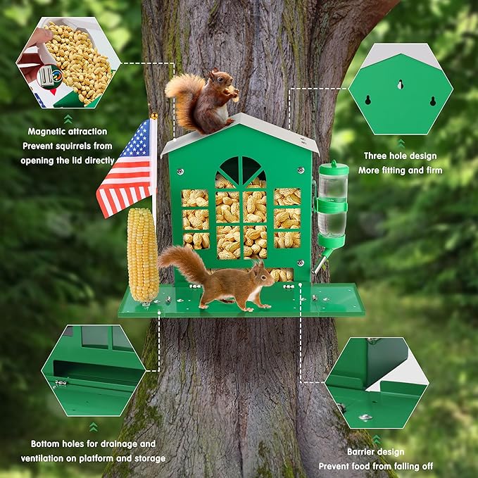 Metal Squirrel Feeder for Outside, Hanging Squirrel House for Outdoors with Water Bottle, Flag and Corn Cobs Holder, Peanut Feeder for Chipmunks, Easy to Mount on Trees or Fences