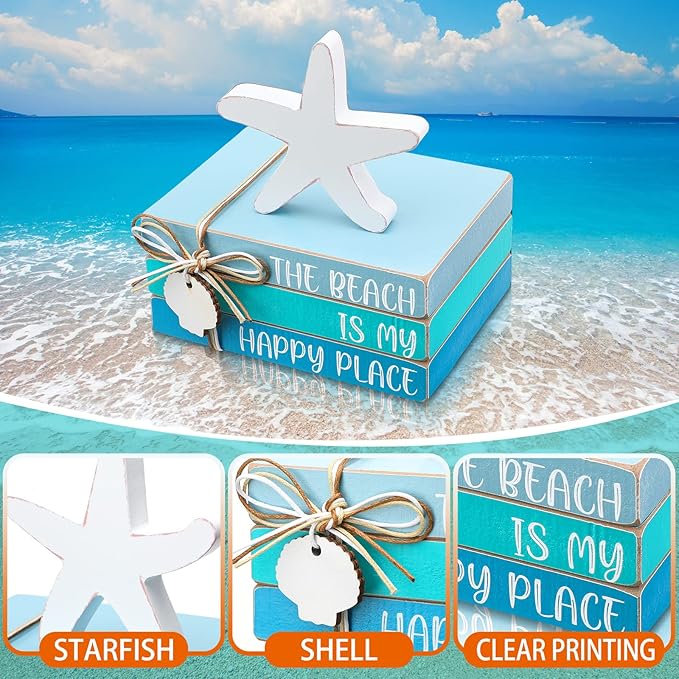 Pinkunn 4 Pcs Beach Table Decor Starfish Seashell Coastal Wooden Block Sign Centerpiece Rustic Nautical Decorative Signs & Plaques for Home Office Desk Shelf Farmhouse Home Living Room(Starfish Shell)