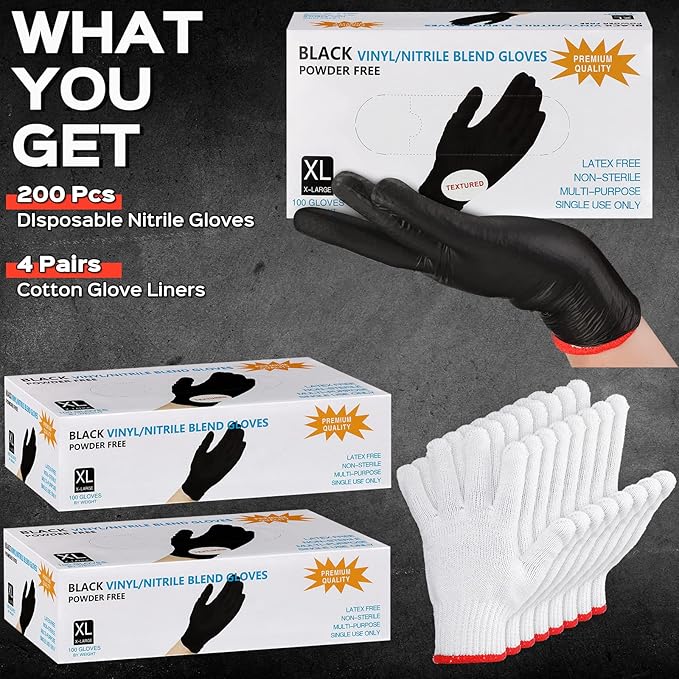 Janmercy 200 Pcs Disposable Nitrile BBQ Gloves Kit with 8 Washable Cotton Liners 5mil for Grilling Cooking Baking Gloves(X-Large,Black, White)