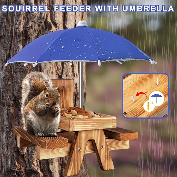 Gnodary Squirrel Feeder with Umbrella, Squirrel Feeders for Outside, Squirrel Picnic Table Feeder - Chipmunk Feeder Hold Corn, Corn Cob, Peanuts (Blue)