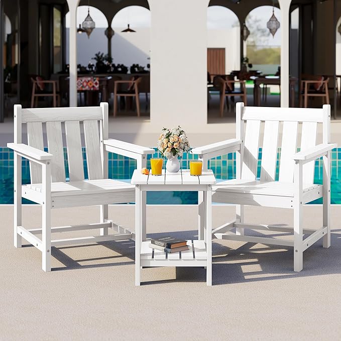 SEWRWALL Patio Furniture Set, HDPE Material All Weather Use Adirondack Chair Set with Side Table for Balcony, Porch, Garden, Backyard- White