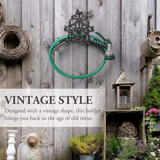 MyGift Wall Mounted Garden Hose Holder, Decorative Vintage French Floral Scrollwork hose Reel Hanger, Dark Coffee Cast Iron Water Hose Storage Rack