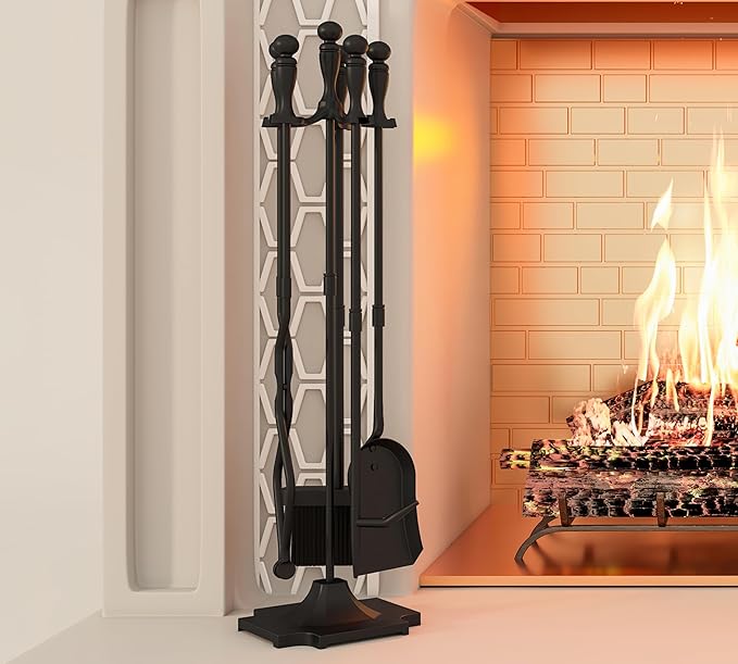 Kingson 5 Pcs Fireplace Tools Sets Heavy Duty Wrought Iron Large Fire Tool Set and Holder Outdoor Fireplace Tools Black