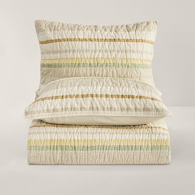 Wonderful 100% Cotton Quilt Set King Size Fall Bedding Set Natural Dyed, Cozy & Breathable Striped Coverlet, Soft Pre-Washed Bedspread with Shams (Light Yellow/Green Stripe)