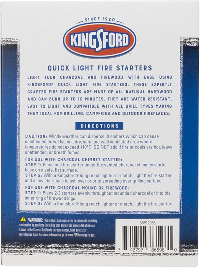 Kingsford Quick Light Fire Starter Rolls, All Natural Hardwood with Paraffin, Water Resistant and Easy Lighting for Charcoal, Pellet Grills, Smokers, Campfires, Outdoor Fireplaces, 32 Count - 24 Pack