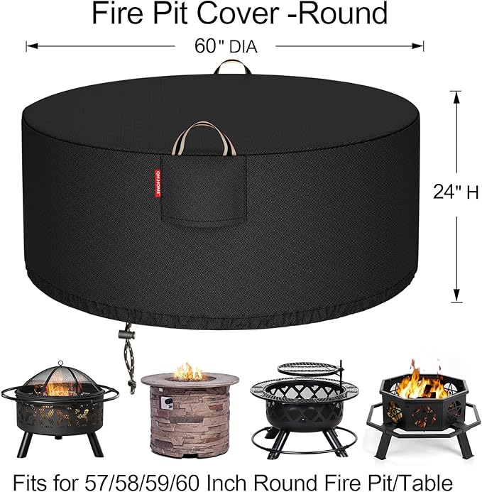 [2026 Upgraded 900D Fabric] Outdoor Fire Pit Cover for 52-60 inch Fire Pit, 900D Heavy Duty Waterproof Patio Table Cover with Air Vent, Handle & Tightening Drawstring, 60"Dia x 24"H -Black