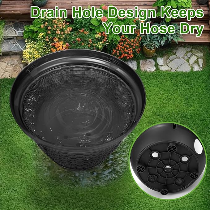 Riokko Garden Hose Holder Pot, Decorative Wicker Hose Holder, Water Hose Storage for Outside/Garage, Hose Box Fits 100-400 FT Hoses with 5 Drain Holes, Large Capacity & Assembly Required, Black
