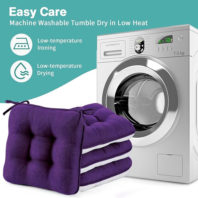 BETU Chair Cushions for Dining Chairs Set of 6,3.5" Thick Kitchen Table Chair Pads with Ties,Non Slip Backing and Covers, Seat Cushion for Dining Room,Bar,Patio Chairs,16"X16"X3.5",Dark Purple