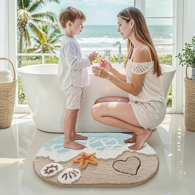 LUMI 2 Piece Beach Bathroom Rugs Set, Non Slip Bath Mat Ultra Soft Washable Absorbent Quick Dry, Ocean Sea Theme Bath Rug with Starfish Shell for Shower Floor, Kitchen Decor, Kids Room, 22"x34"