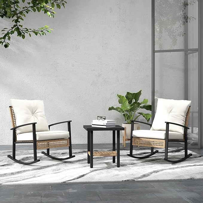 Outsunny 3 Pieces Rocking Wicker Outdoor Bistro Set, Rattan Patio Furniture Set with Coffee Table and Porch Chairs, Button Tufted Cushions for Backyard, Balcony, Garden, White