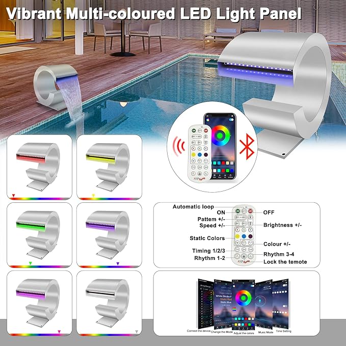 LONGRUN J-Shaped Waterfall Spillway Stainless Steel Swimming Pool Fountain, RF & APP Controled LED Light Outdoor Pond Waterfalls Kit for Garden Patio Swimming Pool Koi Ponds Decoration -13.6" Height