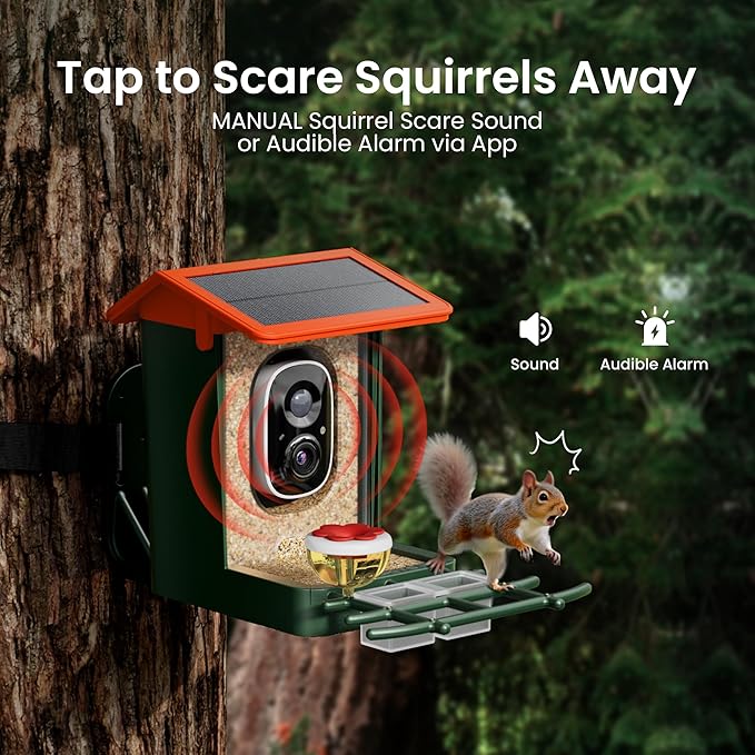 Smart Bird Feeder with Camera Solar Powered 2K HD Video, 10,000+ Species AI Recognition, Real-Time App Alerts, and Weatherproof Design for Effortless Birdwatching, Gift for Bird Lovers, Orange