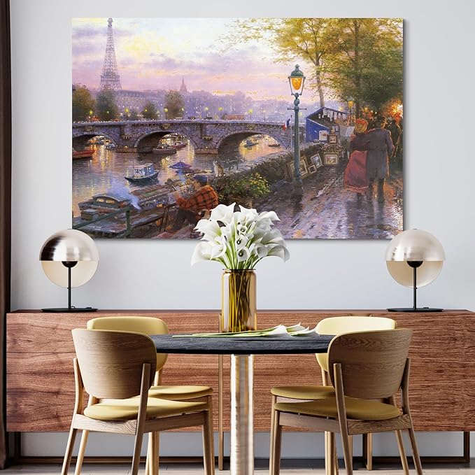 STUDIO HAVEN Thomas Kinkade Canvas Wall Art, Paris Riverbank Eiffel Tower Painter Dog Art Stall Seine River at Dusk Oil Painting Poster Cityscape Wall Decor, Framed Prints for Home Decor, 40x28Inch