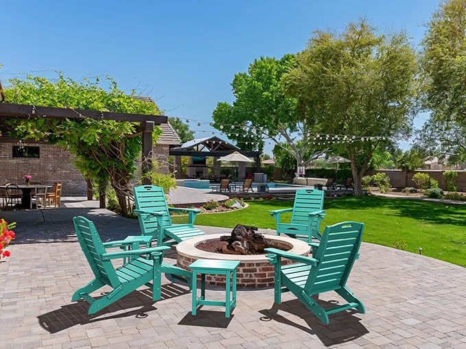 Folding Adirondack Chairs Set of 4,Adirondack Chair with Retractable Ottoman,Plastic Adirondack Chairs with 2 Cup Holder,Weather Resistant Patio Chair,Outdoor Chairs Set of 4(Lake Blue)