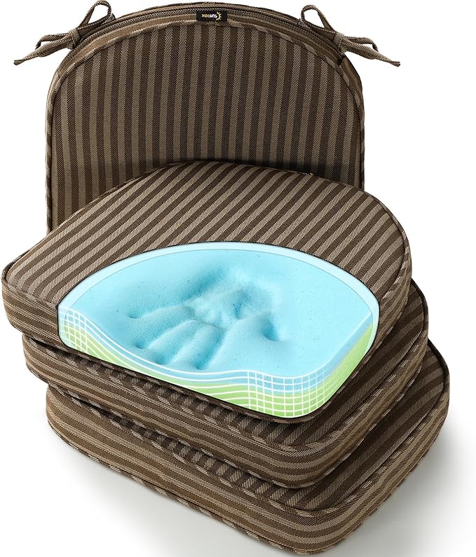 SUNROX Gel Memory Foam Chair Cushions, FadeShield Water-, Stain-Resistant Durable Reversible Seat Cushion Pads with Ties for Indoor/Outdoor Kitchen Dining Office 17"x16" Set of 4, Cocoa Stripe