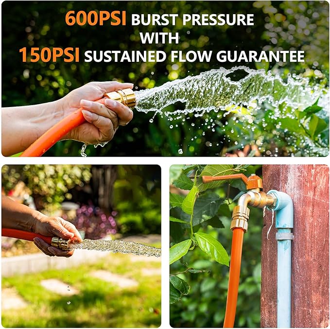 Garden Hose 150ft x 5/8", Custom Length, -40°F to 150°F, All-weather, NO Kink, Flexible, 600 Burst PSI, Leakproof Water Hose with Additional Customizable Solid GHT Fittings