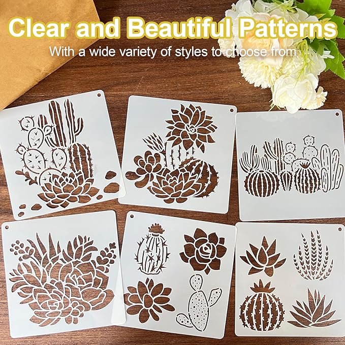 25 PCS Cactus Stencils for Painting, Stencils for Crafts Reusable 6 x 6 Inch Succulent Templates for Wood Signs Journals Planters Canvas and Desert Decor