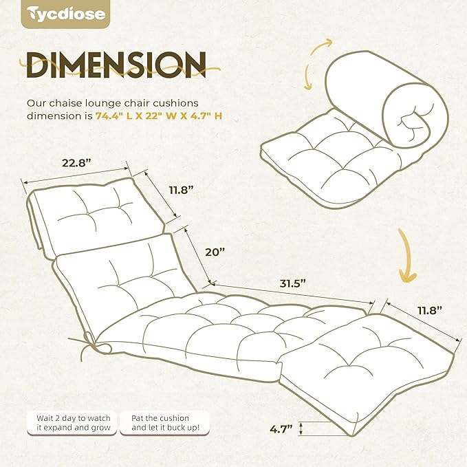 Outdoor Chaise Lounge Chair Cushion 74.4 x 22 x 4.7 Inches Memory Foam Lounge Chair Cushions Waterproof for Outdoor Furniture with Ties, Thickened Pool Chaise Lounge Chair Cushions, Khaki