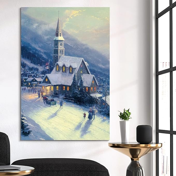 STUDIO HAVEN Thomas Kinkade Canvas Wall Art, Snow-Covered Church Winter Mountain Scene Warm Glowing Windows Oil Painting Poster Festive Wall Decor, Framed Prints for Home Decor, 32x48Inch