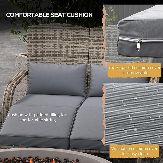 Outsunny Wicker Adirondack Chair for 2 with Cushions & Footrests, PE Rattan Double Chaise Lounge Chair, Fire Pit Chair for Porch with Wide Armrests, High-Back, Gray