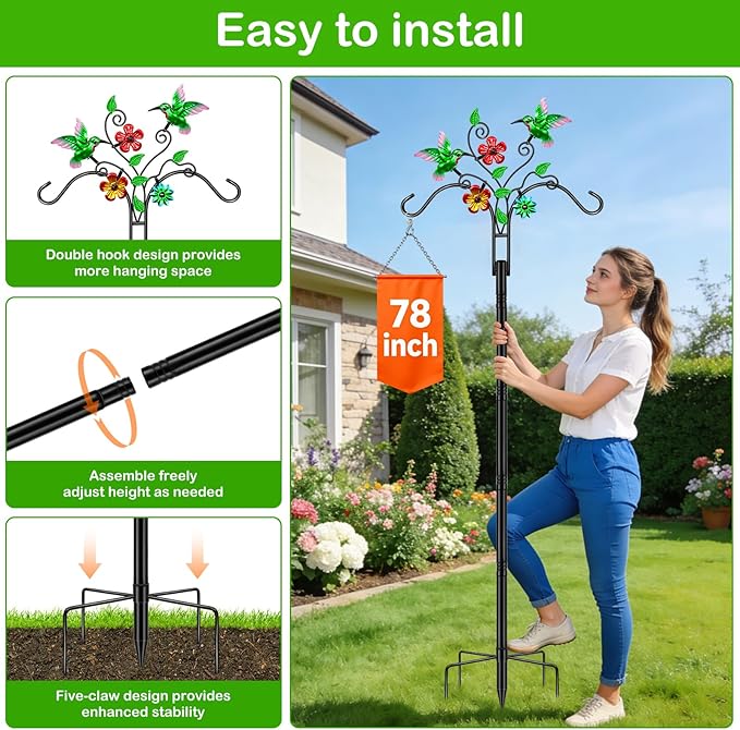 Double Shepherds Hooks for Outdoor, 2 Pack 78 Inch Bird Feeder Pole with 5 Prongs Base, Adjustable Heavy Duty Plant Hangers Hummingbird Art for Outdoor Plants Hummingbird Feeder Hanging Basket Lantern