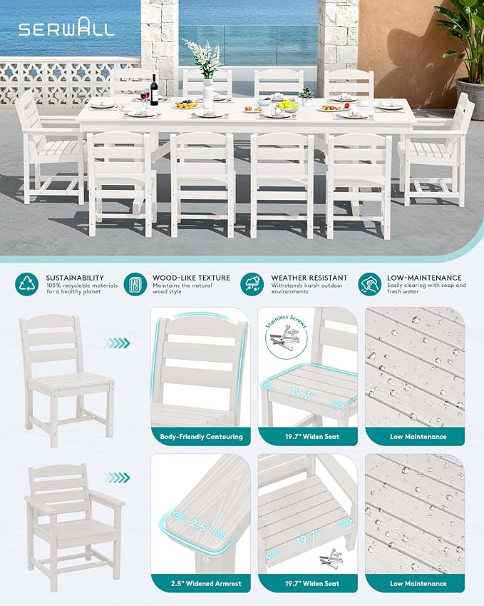 SERWALL 11 Piece Outdoor Dining Set, 84" HDPE Outdoor Table and Chairs for 10，All Weather Patio Furniture Set with Umbrella Hole for Backyard, Garden, White