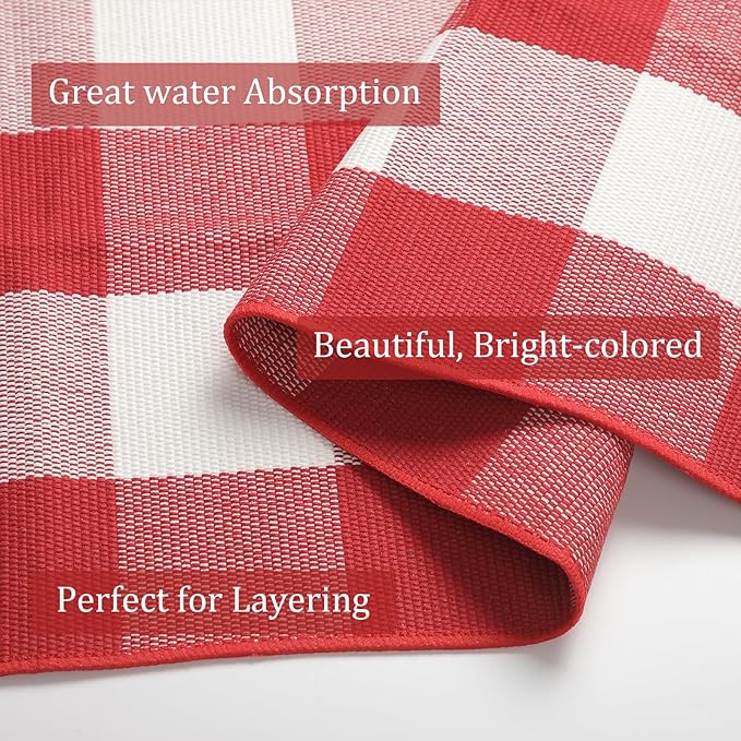 MUBIN Cotton Red White Plaid Plaid Rug, 3'x5' Outdoor Front Door Decor Mat, Hand-Woven Reversible Foldable Rug for Layered Door Mats Washable Carpet for Front Porch, Entryway, Farmhouse