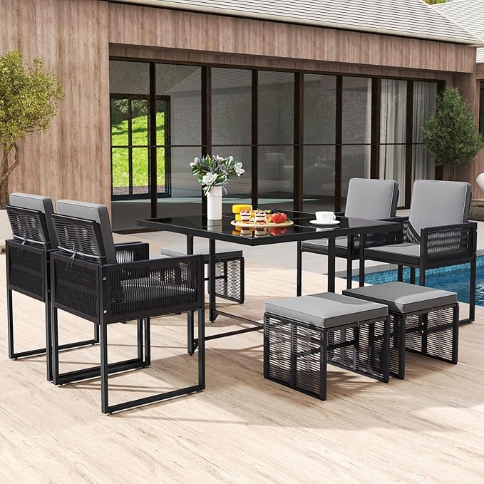Tangkula 9 Pieces Patio Dining Set, Outdoor Space-Saving Furniture Set with PE Rattan Chairs, Tempered Glass Table and Ottomans, Outdoor Sectional Conversation Set with Cushions for Yard