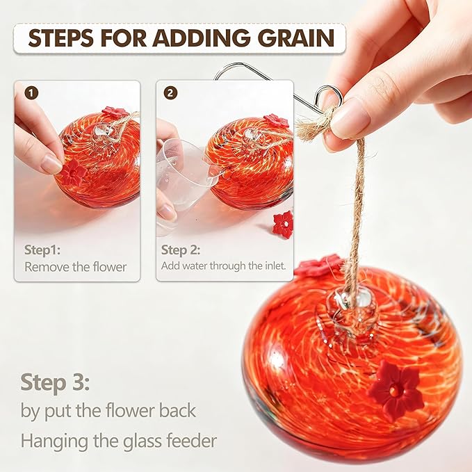 3inch Hand Blown Glass Hummingbird Feeder Colorful Hanging Glass Feeder with 2 Feeding Ports for Outside Garden Window Patio Decoration