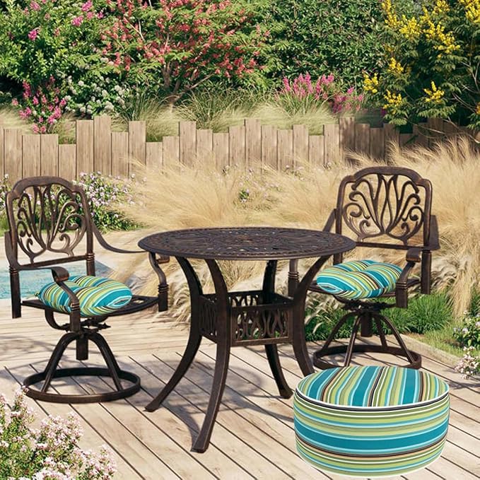 Bistro Chair Cushions 15 inch,Set of 2,Tufted Round Chair Cushions with Ties,15"x15"x4",Water Resistant Round Seat Cushion for Barstool Chairs,Patio Garden Kitchen Outdoor Furniture(Green Stripe)