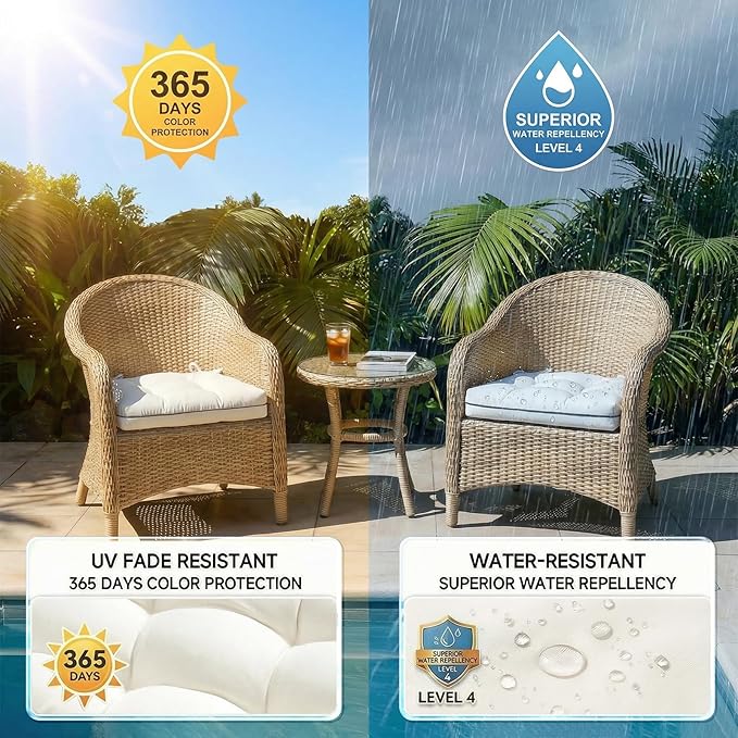 Outdoor Chair Cushions Set of 2, Outdoor Cushions for Patio Furniture and Wicker Chair, Memory Foam Patio Seat Cushion Pads with Ties, 19 x 19 Inch (Cream)